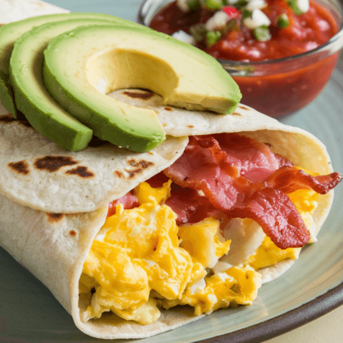 Gluten-free breakfast burrito filled with scrambled eggs, bacon, potatoes, and cheese, wrapped in a gluten-free tortilla. Topped with fresh avocado slices and served with a side of salsa on a plate. The background is simple and clean.