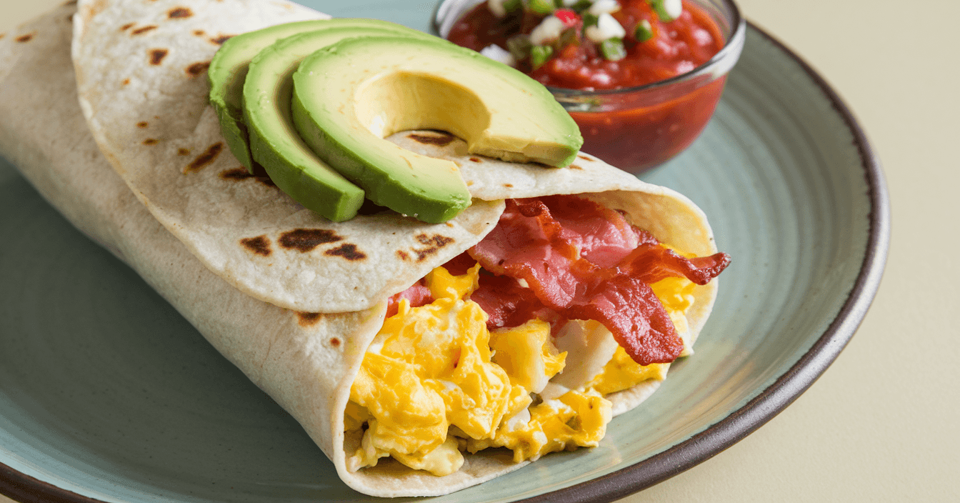 Gluten-free breakfast burrito filled with scrambled eggs, bacon, potatoes, and cheese, wrapped in a gluten-free tortilla. Topped with fresh avocado slices and served with a side of salsa on a plate. The background is simple and clean.