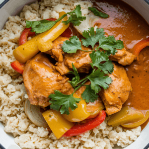 A bowl of rich, creamy keto chicken curry garnished with fresh cilantro. The golden sauce, infused with aromatic Indian spices, coats tender chunks of chicken. Served alongside cauliflower rice in a rustic dish, with a spoon resting beside it.