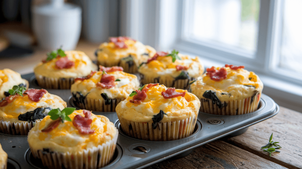 A batch of golden, fluffy egg muffins filled with cheese, spinach, and crispy bacon, displayed in a muffin tin on a rustic wooden table. Fresh herbs are sprinkled on top, with a cozy kitchen background illuminated by bright morning light