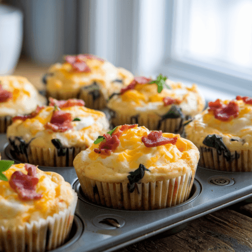 A batch of golden, fluffy egg muffins filled with cheese, spinach, and crispy bacon, displayed in a muffin tin on a rustic wooden table. Fresh herbs are sprinkled on top, with a cozy kitchen background illuminated by bright morning light