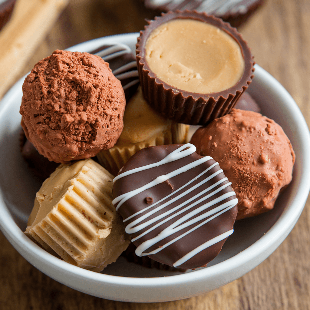 A white bowl filled with a variety of keto fat bombs sits on a rustic wooden surface. The assortment includes a chocolate-covered almond fat bomb, a peanut butter cup, and others made with cocoa powder, butter, and coconut flour. Their rich textures and colors contrast beautifully against the neutral tones of the bowl and background.