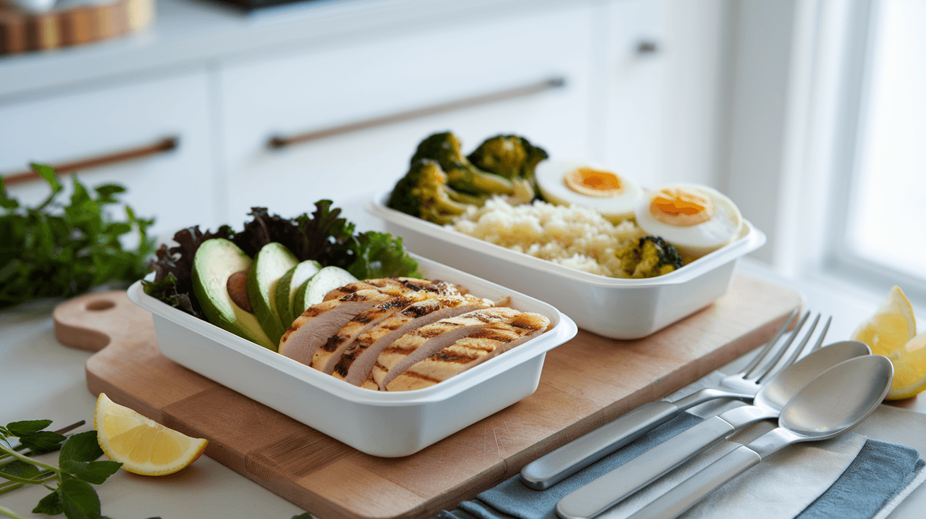 Two realistic keto meal prep containers on a kitchen counter; one with grilled chicken, avocado slices, and leafy greens, the other with roasted broccoli, cauliflower rice, and boiled eggs. Fresh herbs, lemon wedges, and kitchen utensils are in the background, with bright natural lighting highlighting the freshness of the ingredients