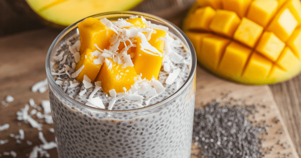 A glass of mango coconut chia pudding, topped with shredded coconut and chopped mango. Fresh mango slices and a sprinkle of chia seeds are arranged beside the glass, all set on a rustic wooden surface.