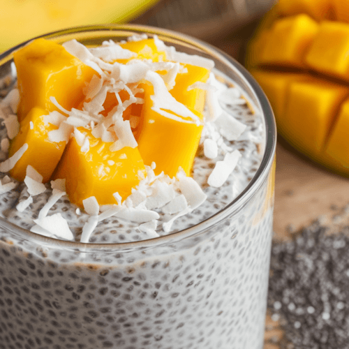 A glass of mango coconut chia pudding, topped with shredded coconut and chopped mango. Fresh mango slices and a sprinkle of chia seeds are arranged beside the glass, all set on a rustic wooden surface.