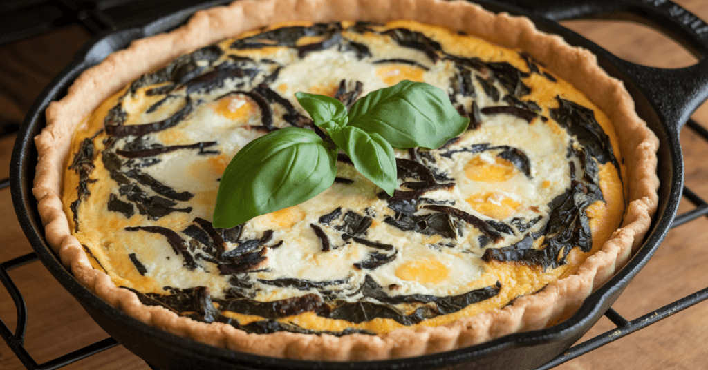 Gluten-free spinach and feta quiche baking in a cast iron skillet. The golden-brown crust encases a savory filling of spinach, feta cheese, and eggs, topped with fresh basil leaves. The skillet rests on a wooden surface