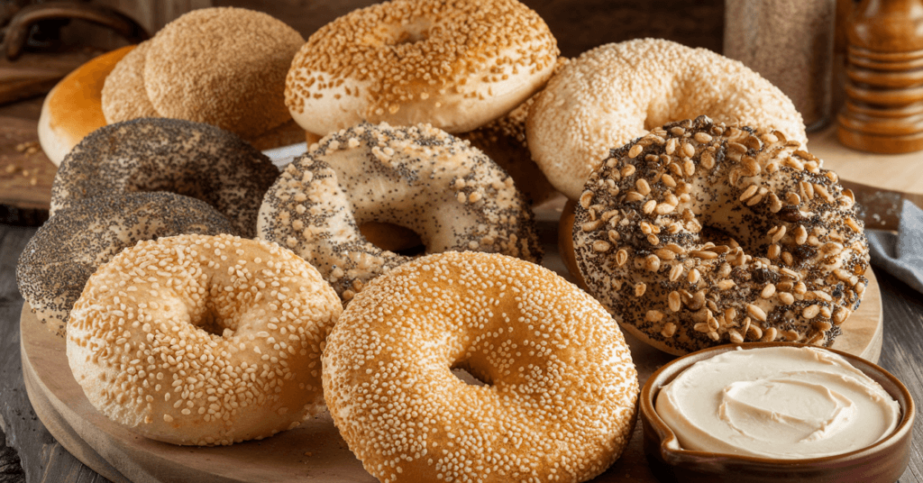 A selection of soft and chewy gluten-free bagels, including sesame, poppy seed, and everything bagels, arranged on a wooden board. A small dish of cream cheese sits beside them. The rustic kitchen background features warm wooden elements.