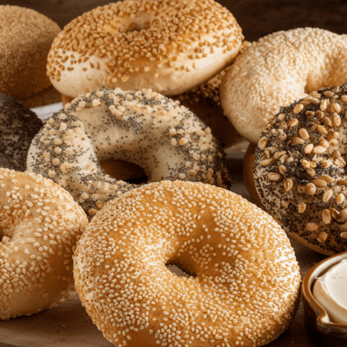 A selection of soft and chewy gluten-free bagels, including sesame, poppy seed, and everything bagels, arranged on a wooden board. A small dish of cream cheese sits beside them. The rustic kitchen background features warm wooden elements.