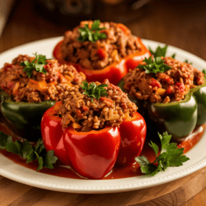 A plate of stuffed bell peppers featuring red and green peppers cut in half and filled with a seasoned mixture of cooked ground meat, rice, and vegetables. The peppers are baked in tomato sauce and garnished with fresh parsley. The plate is placed on a wooden board with warm lighting.