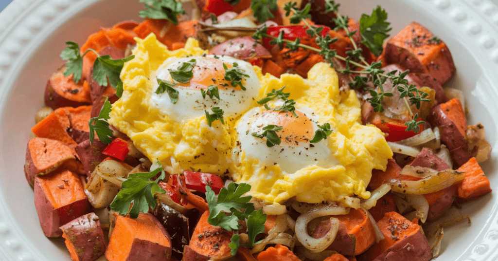 A close-up photo of a sweet potato hash with scrambled eggs. The hash consists of diced sweet potatoes, onions, and red bell peppers, cooked to a golden brown and seasoned with garlic, thyme, and olive oil. Fluffy scrambled eggs are placed on top, and the dish is garnished with fresh parsley. Served on a white plate, the vibrant colors of the ingredients stand out.