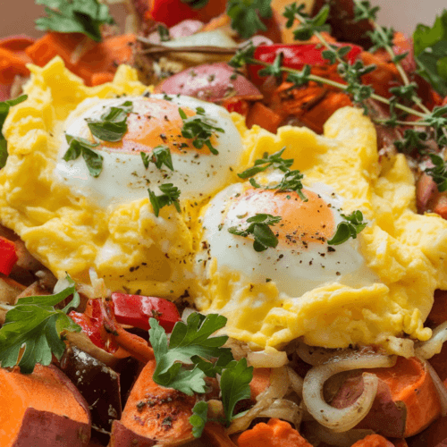 A close-up photo of a sweet potato hash with scrambled eggs. The hash consists of diced sweet potatoes, onions, and red bell peppers, cooked to a golden brown and seasoned with garlic, thyme, and olive oil. Fluffy scrambled eggs are placed on top, and the dish is garnished with fresh parsley. Served on a white plate, the vibrant colors of the ingredients stand out.