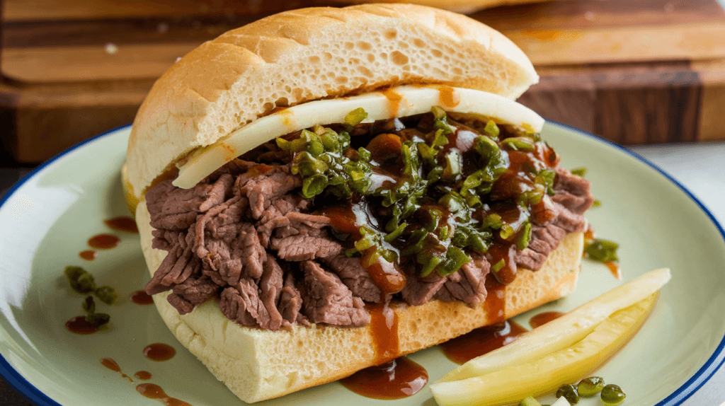 Chopped beef sandwich on a soft white bun, topped with mozzarella cheese and drizzled with a flavorful beef drippings sauce. The plate is garnished with pickled vegetables, set against a rustic wooden cutting board.