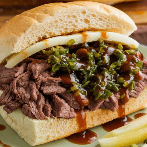 Chopped beef sandwich on a soft white bun, topped with mozzarella cheese and drizzled with a flavorful beef drippings sauce. The plate is garnished with pickled vegetables, set against a rustic wooden cutting board.