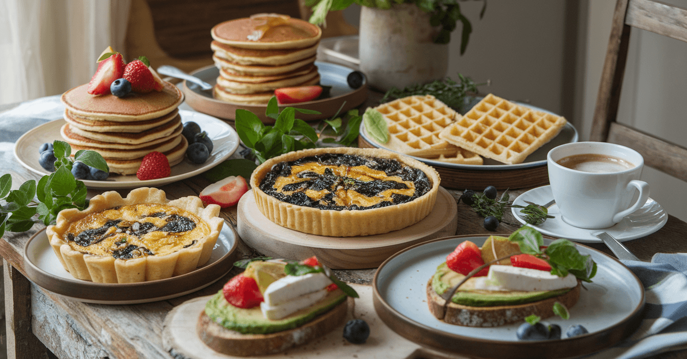 Gluten-free brunch spread on a rustic wooden table with fluffy pancakes, Belgian waffles, spinach and feta quiche, avocado toast, fresh herbs, and a cup of coffee in a cozy setting