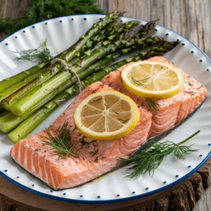 A beautifully plated baked salmon with asparagus in a white dish. The salmon has a golden-brown, crispy skin and a slightly pink, medium-rare center, resting on a bed of tender, slightly charred asparagus spears. Garnished with fresh dill sprigs and lemon wedges, the dish is set against a rustic wooden board background.