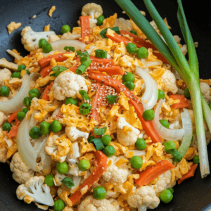 A close-up photo of a bowl of **cauliflower fried rice**, featuring finely chopped cauliflower with a rice-like texture, stir-fried with **onions, carrots, peas, and scrambled eggs**. The dish is garnished with **fresh green onions and sesame seeds**, adding a pop of color and texture. Cooked in a wok, the ingredients appear well-seasoned and slightly crispy. The background is simple, keeping the focus on the vibrant and wholesome vegetarian dish.