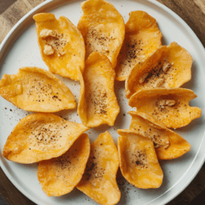 A plate of golden brown cheddar cheese crisps with a crumbly texture, arranged in a circle on a white plate. A sprinkle of black pepper adds contrast, with a rustic wooden board as the background.