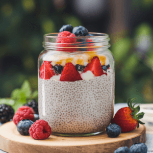 A glass jar filled with creamy chia seed pudding made with chia seeds, almond milk, maple syrup, and vanilla extract. The pudding is layered with fresh berries and topped with a drizzle of honey. The jar sits on a rustic wooden board, surrounded by fresh berries. The background is softly blurred, featuring natural greenery.