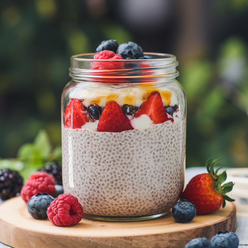 A glass jar filled with creamy chia seed pudding made with chia seeds, almond milk, maple syrup, and vanilla extract. The pudding is layered with fresh berries and topped with a drizzle of honey. The jar sits on a rustic wooden board, surrounded by fresh berries. The background is softly blurred, featuring natural greenery.