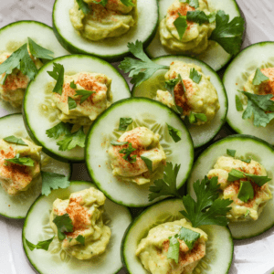 A plate of cucumber and guacamole bites arranged neatly. Each cucumber slice has a small hollow center filled with creamy guacamole made from ripe avocado, lime juice, salt, and chopped cilantro. The bites are garnished with fresh parsley and a light sprinkle of paprika, adding vibrant color to the presentation.