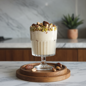 A visually stunning image of a clear glass filled with a white, high-protein dates sharbat. The glass is placed on a wooden stand. The sharbat is garnished with sliced pistachios and dates. The background is a modern kitchen with a marble countertop and a potted plant. The lighting is soft.