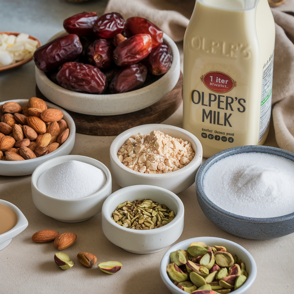 "Medium shot of a table showcasing the key ingredients for High Protein Dates Sharbat. The ingredients include pitted and whole dates, roasted gram, whole and chopped almonds, a 1-liter bottle and a cup of Olper's Milk, sugar, custard powder, soaked basil seeds, crushed ice, and sliced pistachios. The ingredients are carefully arranged on a beige cloth with soft, natural lighting, creating an inviting and fresh atmosphere."