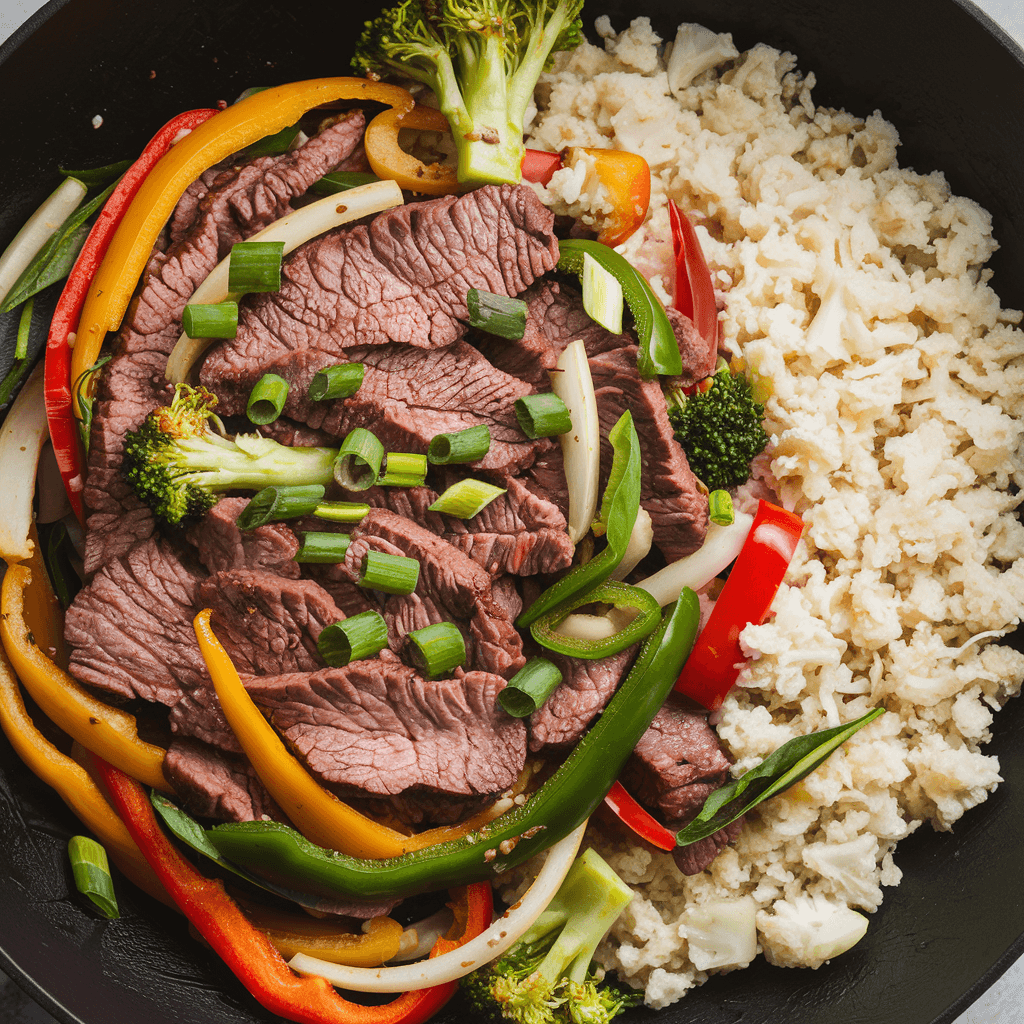 Keto-friendly beef stir-fry with thinly sliced beef, vibrant bell peppers, onions, and broccoli, cooked in a wok and served with cauliflower rice, garnished with fresh green onions