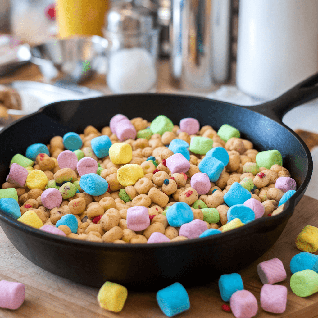 A warm skillet filled with a golden Lucky Charms cookie, topped with colorful marshmallows. The skillet rests on a rustic wooden surface, with scattered Lucky Charms marshmallows adding a playful touch. Blurred cooking utensils and ingredients in the background create a cozy baking scene