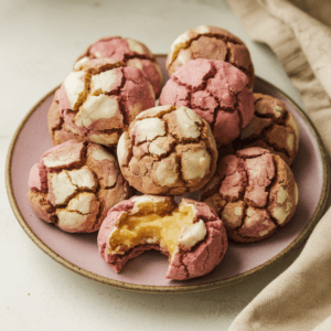 A plate of round, amber-colored cookies with a cracked surface, revealing white, pink, and brown hues. One cookie has a bite taken out, exposing a soft, yellowish filling. The plate sits on a white surface with a beige cloth nearby, creating a warm and inviting atmosphere.