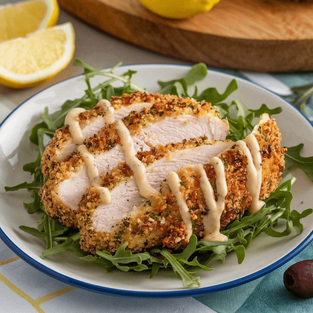 A small plate with a baked, breaded chicken breast slice on a bed of arugula, drizzled with lemon dressing. The dish is garnished with lemon slices and olives, set against a rustic wooden board background.