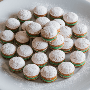 A plate of Polish marzipan cookies, small and round with a crunchy exterior and soft marzipan-like center. The cookies have a textured surface, are dusted with powdered sugar, and are arranged in a circular pattern on a white plate. A light sprinkle of powdered sugar adds a decorative touch. The background is clean and minimalistic.