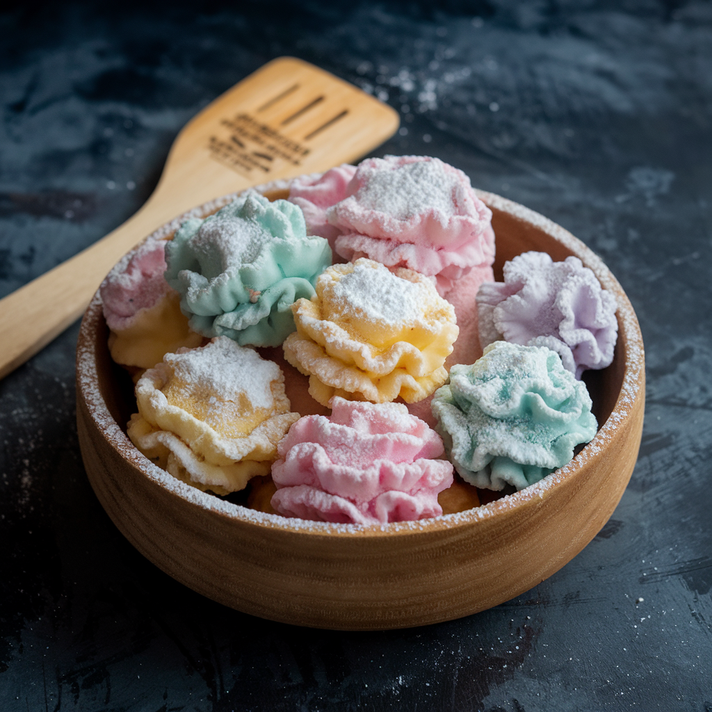 A wooden bowl filled with pastel-colored, ruffled cookies dusted with powdered sugar, resembling doughnut holes or fritters. The bowl sits on a dark, textured surface, with a wooden spatula engraved with text resting beside it.