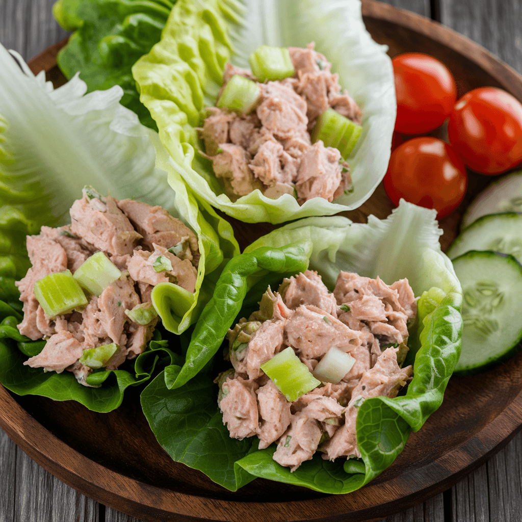 A fresh bowl of crisp lettuce topped with creamy tuna salad made of shredded tuna, chopped celery, and mayonnaise, seasoned with salt and pepper. Cherry tomatoes, sliced cucumber, and olives add vibrant colors on the side. The bowl rests on a wooden board, accompanied by a plate of crackers. A rustic wall serves as the background, enhancing the cozy, homemade feel.