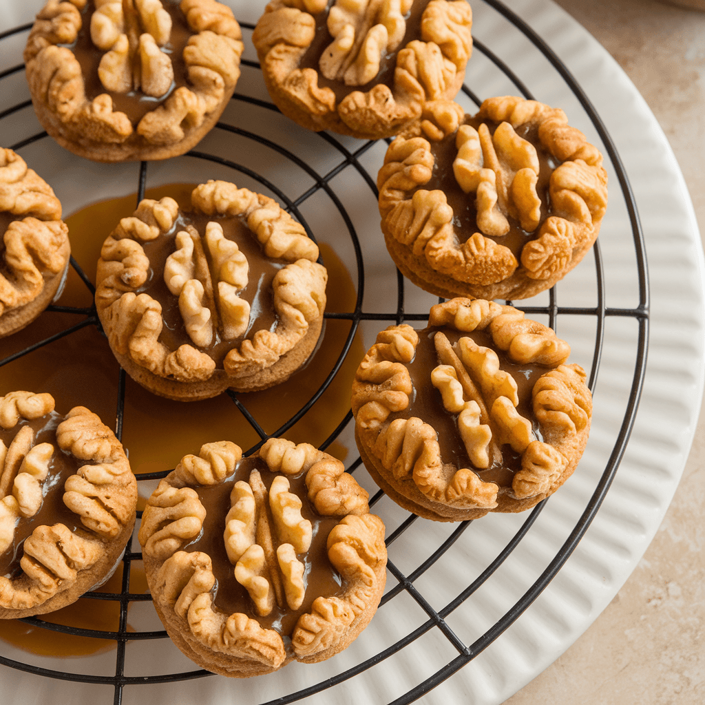 A photo of walnut cookies with a condensed milk filling. The cookies are golden brown and have walnuts on top. There is a pool of condensed milk at the bottom of the dish. The cookies are placed on a wire rack and the rack is placed over a white plate. The background is a beige surface.