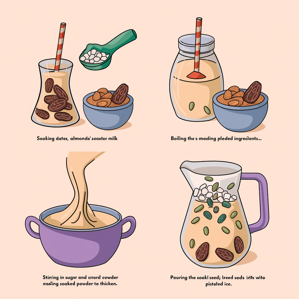 "Step-by-step illustration of making High Protein Dates Sharbat: 1. Soaking dates, almonds, and roasted grams in Olper's Milk. 2. Blending the soaked ingredients into a smooth mixture. 3. Boiling Olper's Milk and adding the blended ingredients. 4. Stirring in sugar and custard powder mixture to thicken. 5. Pouring the final sharbat into a jug with soaked basil seeds and crushed ice, garnished with pistachios and dates."