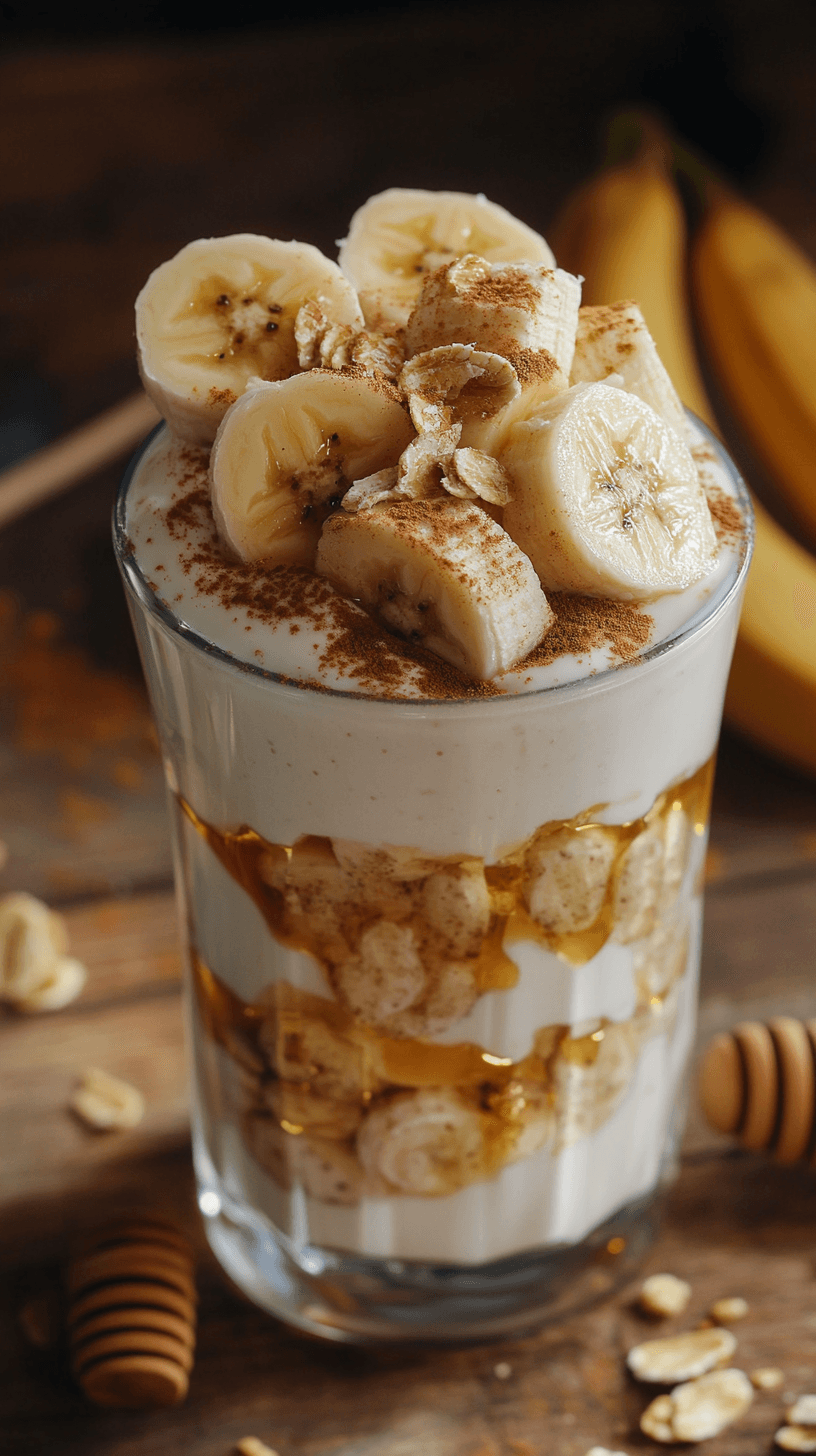 A creamy milk and banana dessert served in a glass, garnished with banana slices, cinnamon, and honey, placed on a wooden table with soft natural lighting.