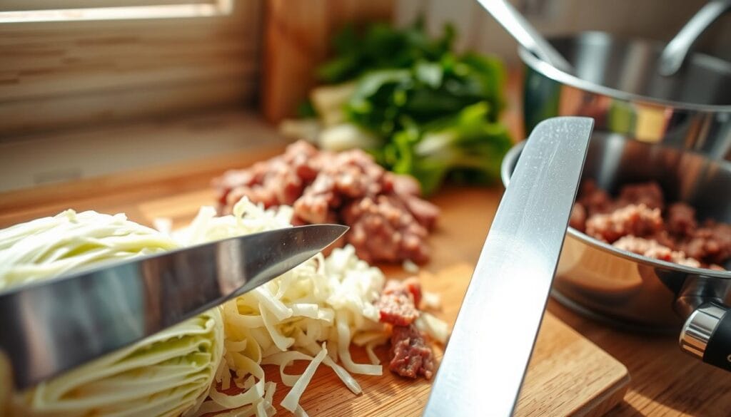 Cabbage Chopping and Beef Preparation Techniques Cabbage Chopping and Beef Preparation Techniques